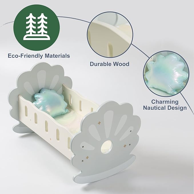 ROBUD Wooden Baby Doll Crib, Baby Doll Bed with Cozy Bedding 18 Inch