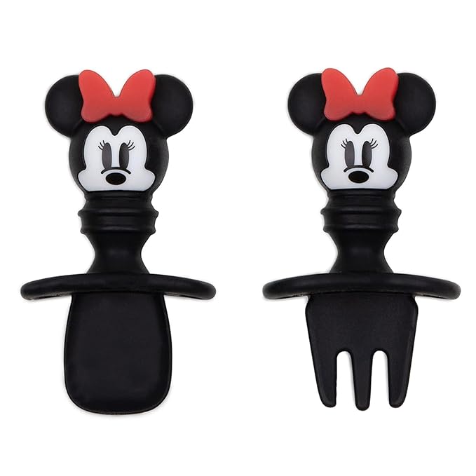Bumkins Disney Baby Utensils Set, Chewtensils Silicone Spoons for Dipping, Self-Feeding, Baby Led Weaning, Trainer Learning, First Stage Eating, Soft Fork and Spoon, Babies 6 Months, Minnie Mouse