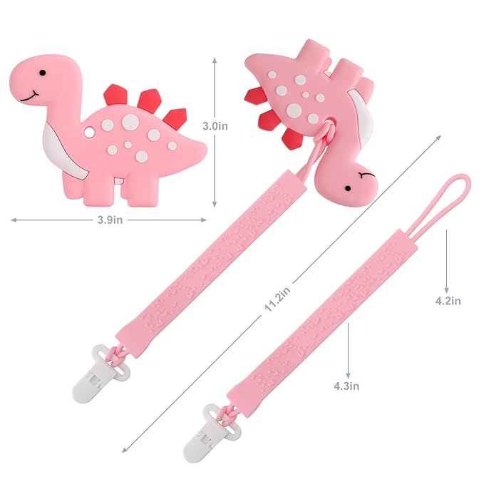 Baby Teething Toys, Dinosaur Teether Pain Relief Toy with One Piece Design Pacifier Clip Holder Set for Newborn Babies