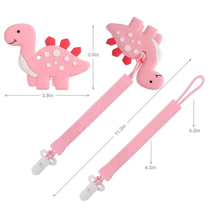 Baby Teething Toys, Dinosaur Teether Pain Relief Toy with One Piece Design Pacifier Clip Holder Set for Newborn Babies