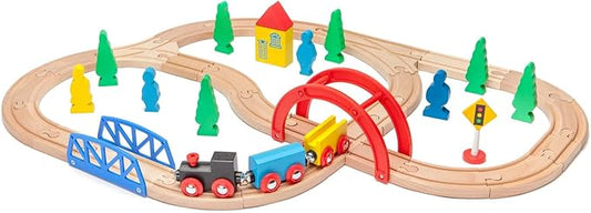 inc. 40 Pc Wooden Train Set, Complete Toy Railway with Straight and Curved Tracks 3+