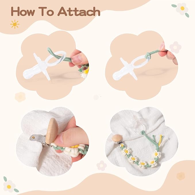 Braided Pacifier Clip for Boys Baby Girls Floral Daisy Macrame