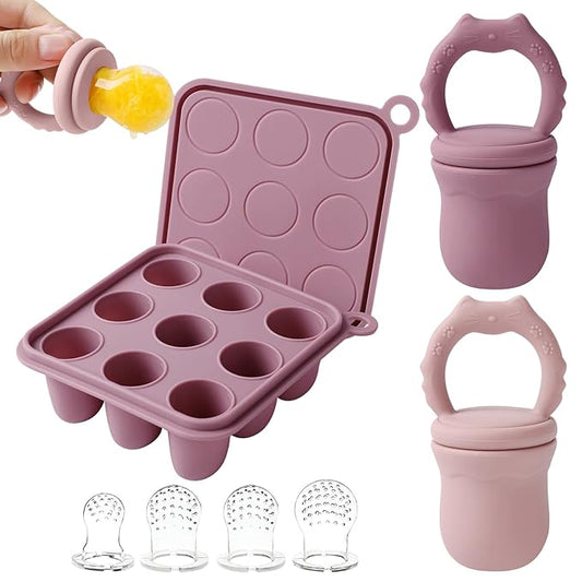Silicone Baby Fruit Food Feeder Pacifier & Baby Food Freezer Tray Combo, Breast Milk Popsicle Freezer Molds Teether Toy for Babies 3-6 12 Months,