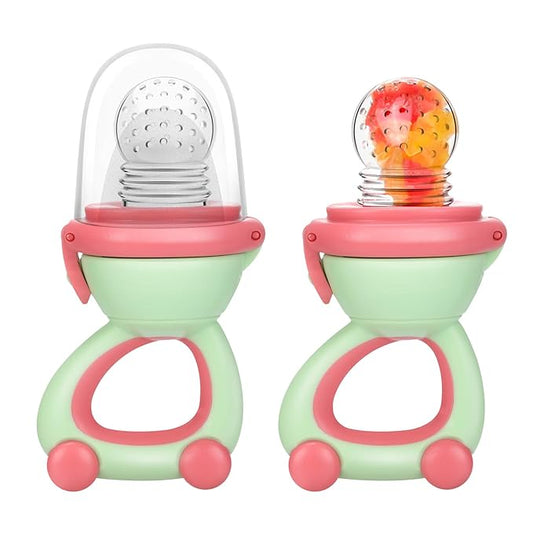 Baby Fruit Food Feeder Pacifier - Fresh Fruit Teething Toy 6M+, BPA Free Safely Introduce Solids Teething Relief Toy Includes Add Silicone Sacs 2-Pack (Green)