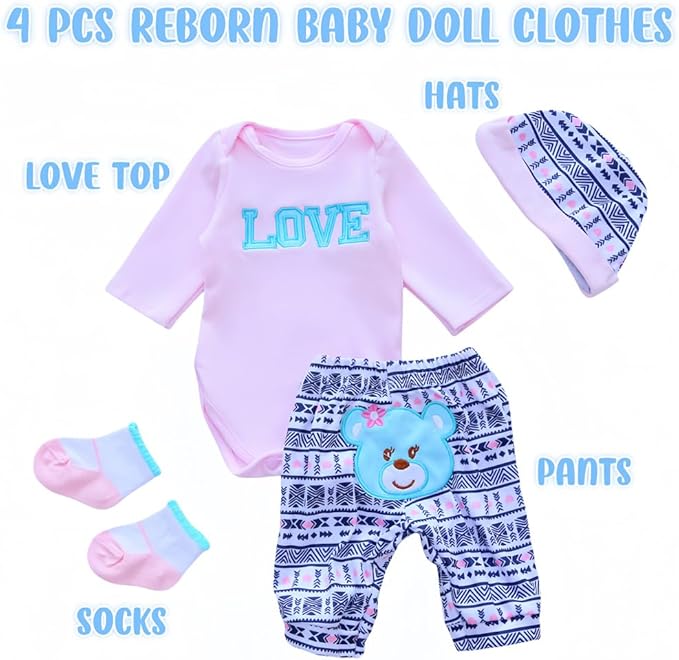 Reborn Baby Dolls Clothes Cute Bear and 'Love' Pattern 4pcs 17-22 Inch 17-22 Inch