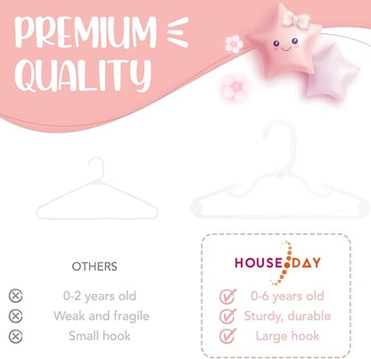 HOUSE DAY Plastic Baby Hangers for Closet 20 Pack, Durable Plastic Kids Hangers for Baby Clothes, Thin & Compact Childrens Hangers, Space Saving White Baby Hangers, Small Hangers for Kids Clothes