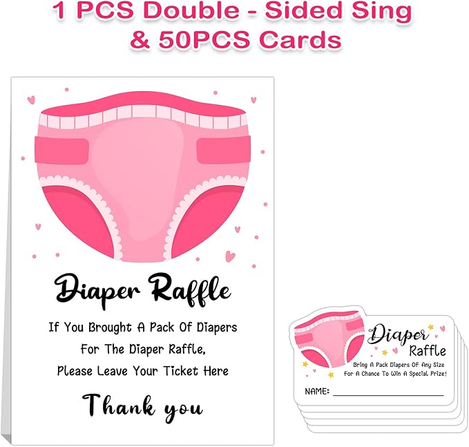 Diaper Raffle Baby Shower Game - Pink Diapers Insert Ticket -girl Baby Shower Game (1 Sign 50 Cards)