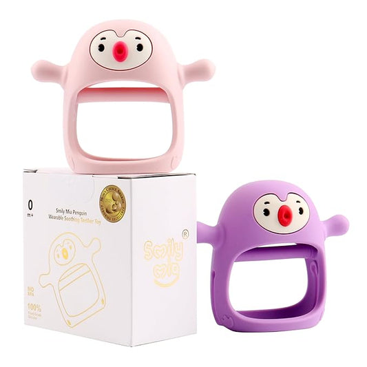 Smily Mia 2pack Penguin Teether for Babies 0-6Month, Silicone Teething Mittens&Baby Chew Toys for 3-6Month