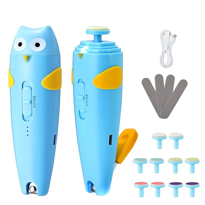 Lictin 2 in 1 Baby Nail Trimmer Electric, Safe Baby Nail File Kit Rechargeable, Baby Nail Clippers with Auto Light for Newborn, Infant, Toddler, Kids, 10 Replacement Grinding Heads, Trim and Polish