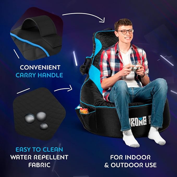 Gaming Bean Bag Chair for Adults [Cover ONLY No Filling] with High Back - Fun Gaming Sofa - Bean Bag Chairs for Adults and Teens - Dorm Chair - Gamer Beanbag Gaming Chair with Cup Holder (Black/Blue)