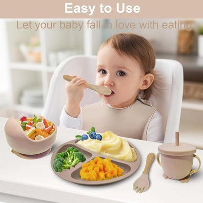 Baby Feeding Tableware Set Silicone Tray and Bowl with Suction Cup Baby Weaning Supplies Adjustable Waterproof Bib Learning Cup and 2 Spoons 2 Forks 8-Piece Set（Apricot）