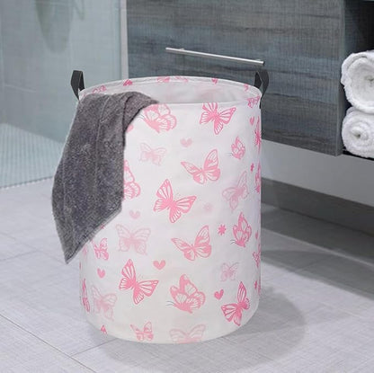 Round Pink Butterfly Laundry Basket for Girls Room Decor, Kids