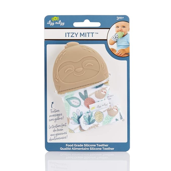 Itzy Ritzy Silicone Teething Mitt - Soothing Infant Teething Mitten with Adjustable Strap, Crinkle Sound & Textured Silicone to Soothe Sore & Swollen Gums 3 Months