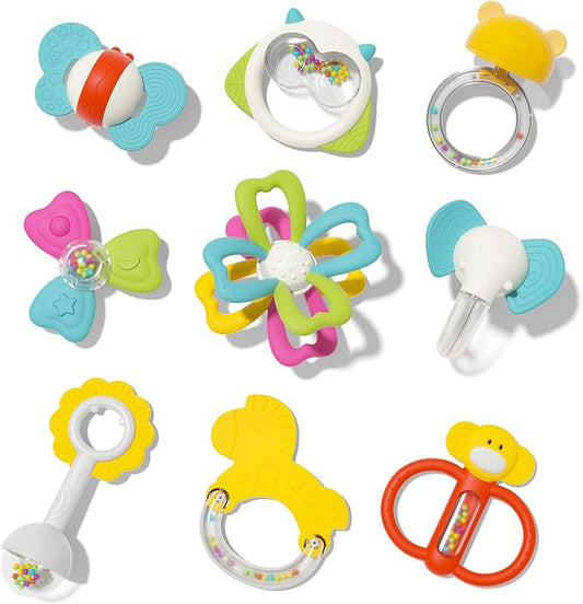 Baby Toys - 9pcs Silicone Baby Teething Toys Teethers Rattles for Babies 0-6 Months, Baby Chew Toys BPA-free 0-3-6-12 Months