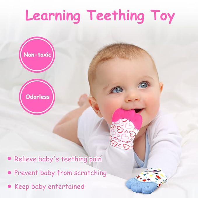 2Pack Silicone Teething Mitt, Soothing Infant Teething Mitten Pain Relief 0-12 Months