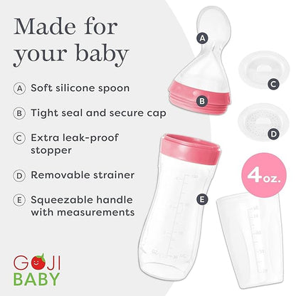 4 oz Silicone Baby Food Dispensing Spoon - 4 Pack - Great for 4+ Month Infants - Includes Stopper - Easy to Use and Mess-Free - Precise Food-Release Feeder - Great for Travel (Pink