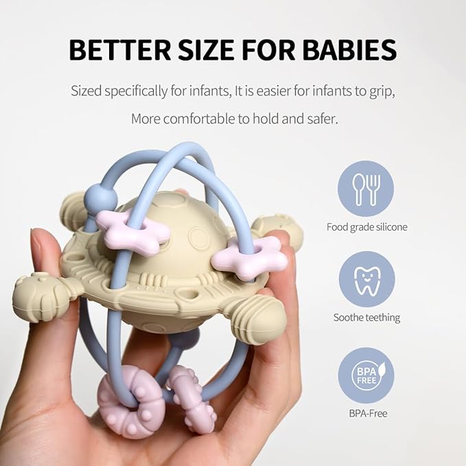 Baby Teething Toy with Rattle - Chew and Rattle Balls for Teething Relief 6-12 Months, 0-6 Months