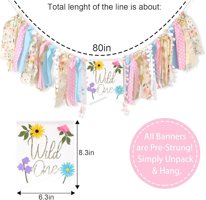 Wild flower High Chair Banner - Girls Wild One 1st Birthday Decoration, Floral Theme Highchair Banner