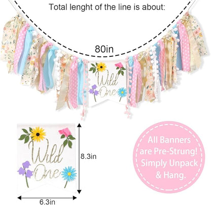 Wild flower High Chair Banner - Girls Wild One 1st Birthday Decoration, Floral Theme Highchair Banner