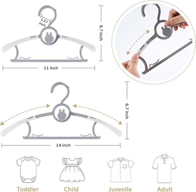 Kids Hangers, Extendable & Stackable Baby Hangers, 60PCS Mix-Colors Toddler Hangers for Baby Toddler Children Kids Teen, 11~14Inch Non-Slip Plastic Kid Hangers, Baby Clothes Hangers