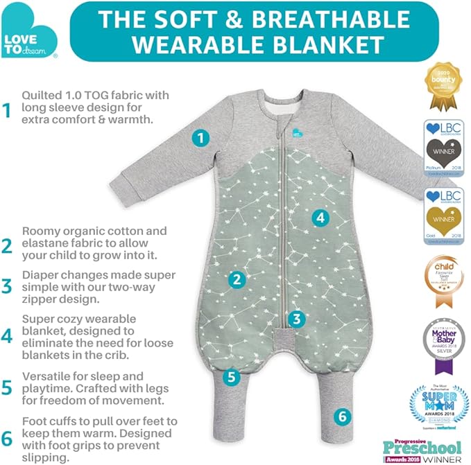 Love to Dream Organic Long Sleeve Baby Sleep Suit, Super Soft Temp Regulating Sleeping Sack