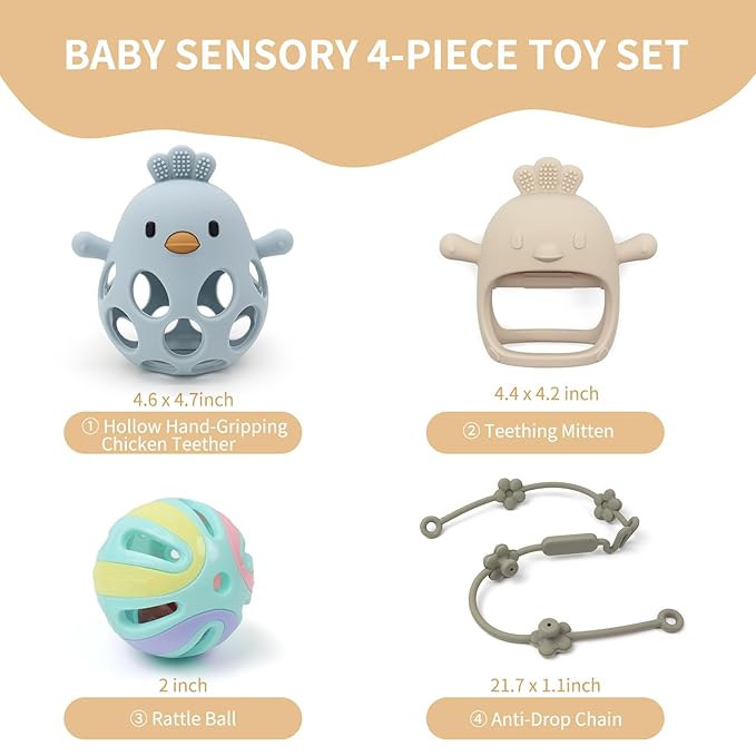 Baby Sensory 4-Piece Teething Toy Set: Hollow Chicken Teether, Mittens 6-Months (Blue/Beige)