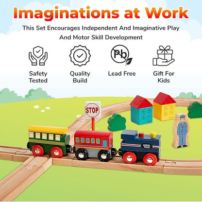 Wooden Train Set 35 Piece All in One Wooden Toy Train Tracks Set with Magnetic Trains and Railway Accessories, Comes in A Clear Container, Compatible with All Major Brands