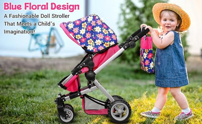 Fash N Kolor | Foldable Pram for Baby Doll with Flower Design with Swiveling Wheel Adjustable Handle Bassinet Stroller with Baby Doll, Convertible Seat