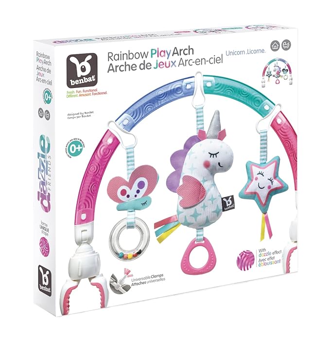 BENBAT Baby Stroller Arch Toy Rainbow Dazzle Friends Play Bar. Fun Newborns Sensory Activity, Adjustable for Bouncers and Car Seat, Unicorn