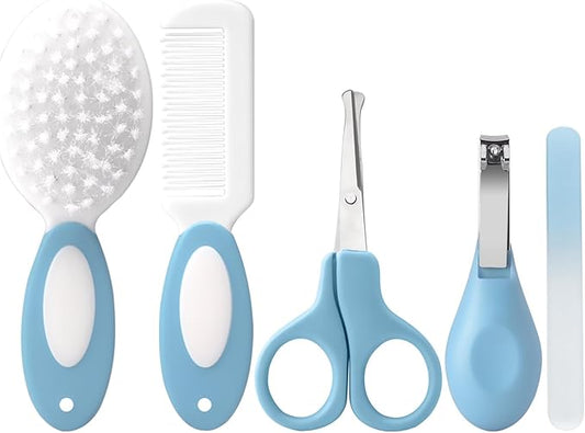 Baby Grooming Kit,Baby Health Care Kit,Baby Brush Soft Bristles 5 pcs Baby Nail Kit Nursery Care Kit Baby Hair Brush Hair Comb Nail Kit Safety Cutter Nail Clipper Set Blue