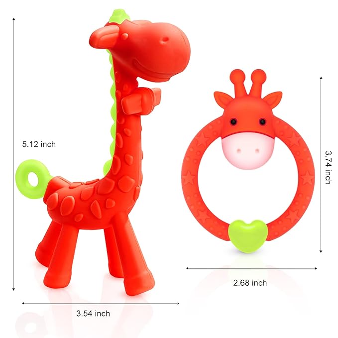 SHARE&CARE BPA Free Silicone Giraffe Baby Teether Toy with Storage Case, for 3 Months Above Infant Sore Gums Pain Relief and Baby Shower