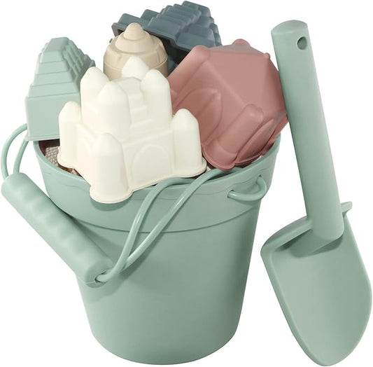 Santoy Silicone Beach Toys for Kids，Baby Beach Set for Summer，5 Sand Molds，Sand Castle, Bucket Shovel for Toddlers by The Sea