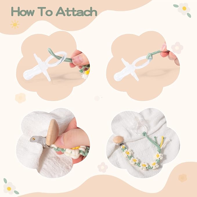 Pacifier Clip for Boys Girls Floral Daisy Macrame Paci Clip