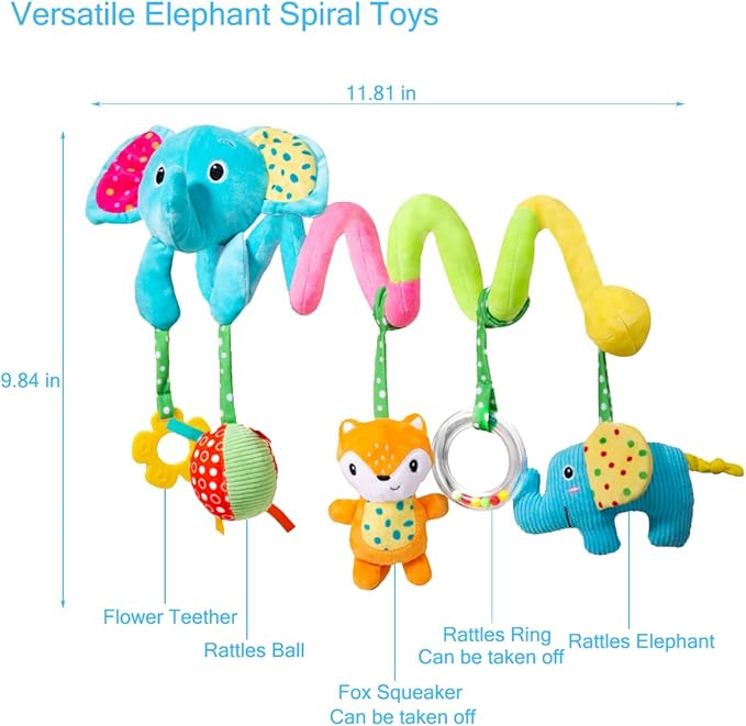 Car Seat Toys, Infant Spiral Plush Hanging Toys for Car Seat Stroller Crib Bassinet Mobile with BB Squeaker Rattles, Baby Toy for 0 3 6 12 Months