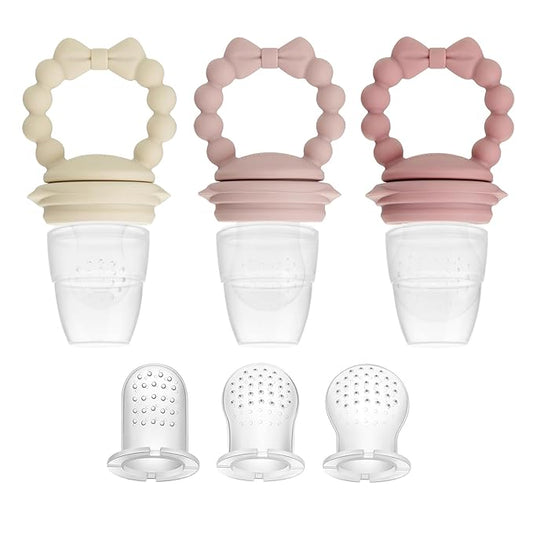 PandaEar 3 Pack Baby Fruit Food Feeder Pacifier with 3 Different Size Silicone Pouch, Silicone Teethers for Babies 3-6-12 Months