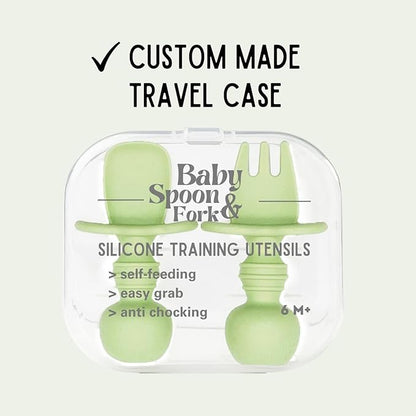 Silicone Baby Spoon and Fork Set with Custom Travel Case, Self Feeding, BPA Free, Anti-Choke (Sage green)