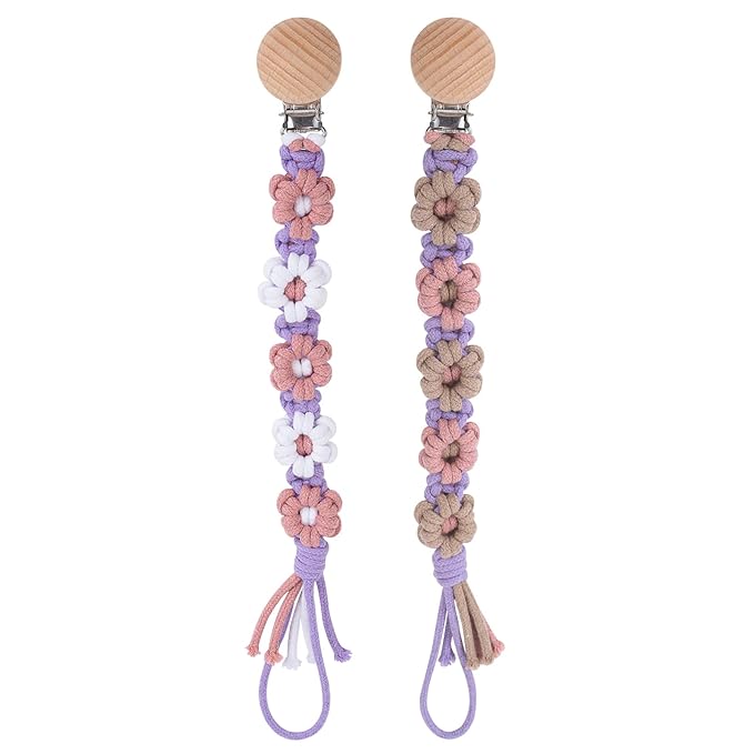 Pacifier Clip for Boys Girls Floral Daisy Macrame Baby Paci (2pack:Lavender Style 2)