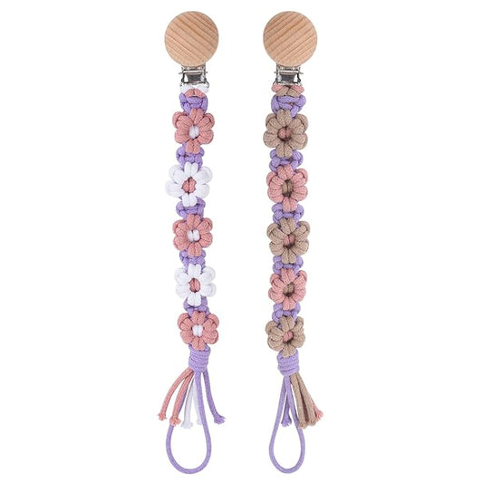 Pacifier Clip for Boys Girls Floral Daisy Macrame Baby Paci (2pack:Lavender Style 2)