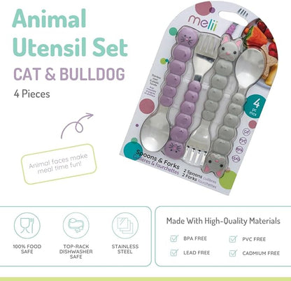 melii Toddler and Kid Feeding Spoon & Fork Set, Stainless Steel, BPA Free, Dishwasher safe (Cat & Bulldog 4pc)