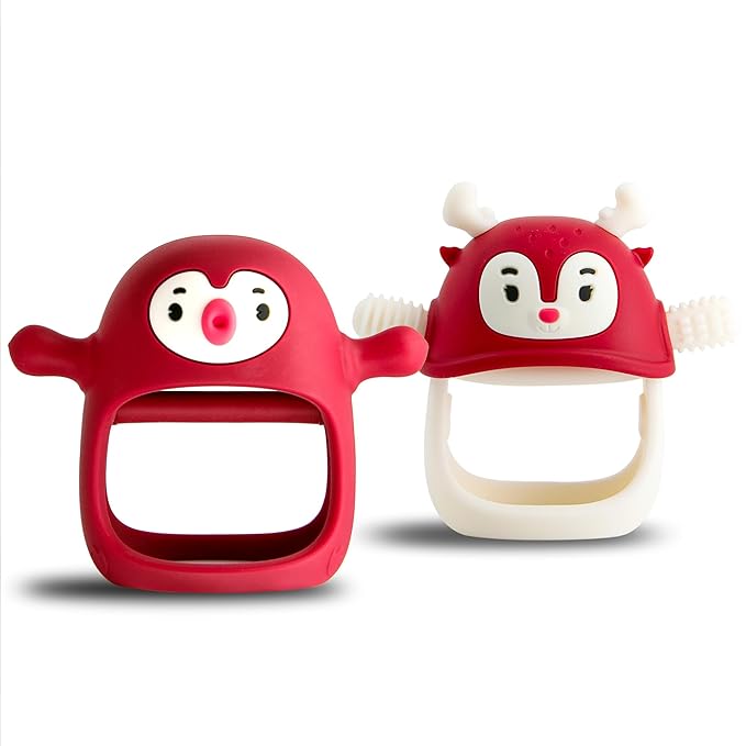 Baby Christmas Stocking Stuffers-Smily Mia Penguin Buddy and Reindeer 2 in 1 Christmas Gift/Toy Set for 0-12 Months Teething Babies, Teeting Mittens For Babies