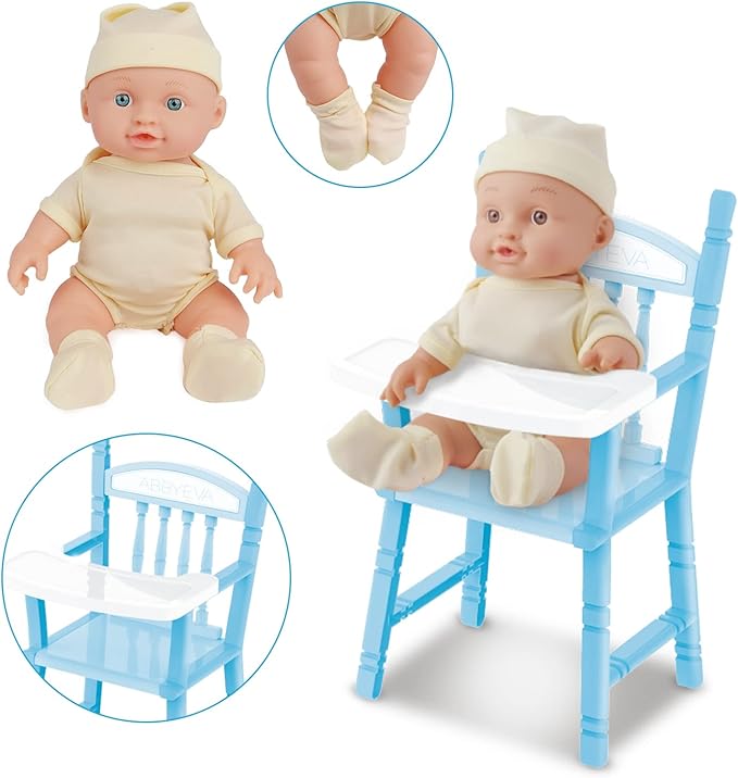 deAO Baby Doll Set Play Set includes Miniature Crib,Mobile High Chair Stroller 12PCS Baby 3+ Years