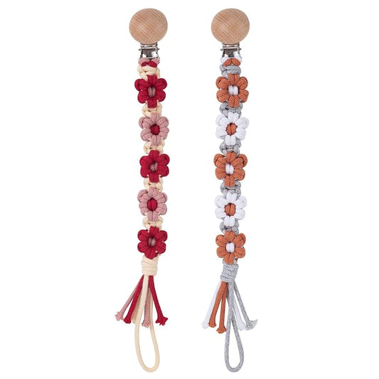 Pacifier Clip for Boys Girls Floral Daisy Macrame Baby Paci (2pack:Red Daisy 2)