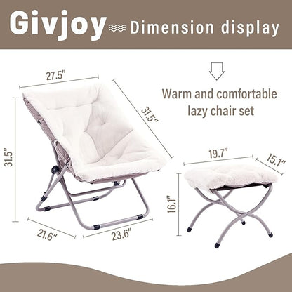 Comfy Saucer Chair with Ottoman, Oversized Folding Faux Fur Chair Soft Furry Lounge Lazy Chair with Metal Frame Moon Chair Accent Chair for Bedroom, Living Room, Dorm Rooms