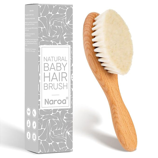 Naroa ® Natural Baby Hair Brush Soft | Safe Wooden Handle & Smooth Goat Bristles for Newborns Toddlers | Wood Styler for Scalp Health, Prevent Cradle Cap | Girl Boy Gift Registry