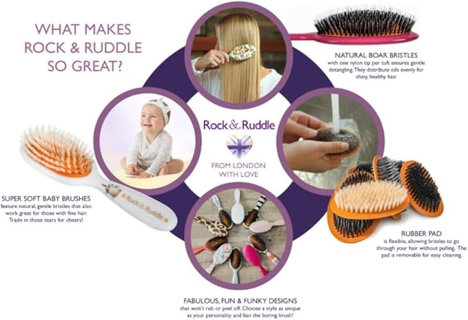 Rock & Ruddle Soft White Natural Boar Bristle Hairbrush for Babies and Young Children | Perfect for Fine Hair Detangling and Smoothing - Rose Gold