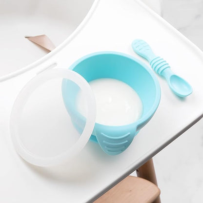 Bumkins Baby Bowl, Silicone Baby Feeding Set with Suction for Baby and Toddler, Includes Spoon and Lid, First Feeding Set, Essential for Baby Led Weaning for Babies 4 Months, Blue