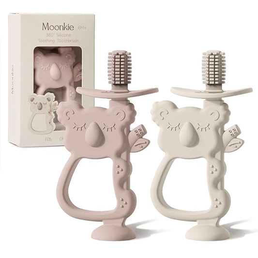 Moonkie Teething Toy Set of 2, Safe & Easy to Hold BPA Free Silicone Teethers 360Â° Baby 6-12 Months