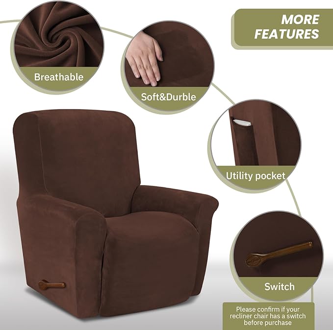 AZON Velvet Stretch Recliner Chair Cover,1-Piece Washable Recliner Couch Cover with Elastic Furniture Protector for Pets, Kids(Recliner, Chocolate)