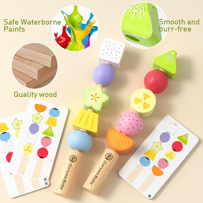 Montessori Wooden Beaded Toy for Toddlers3-4 5Years Old, Sorting and Stacking Block Toy