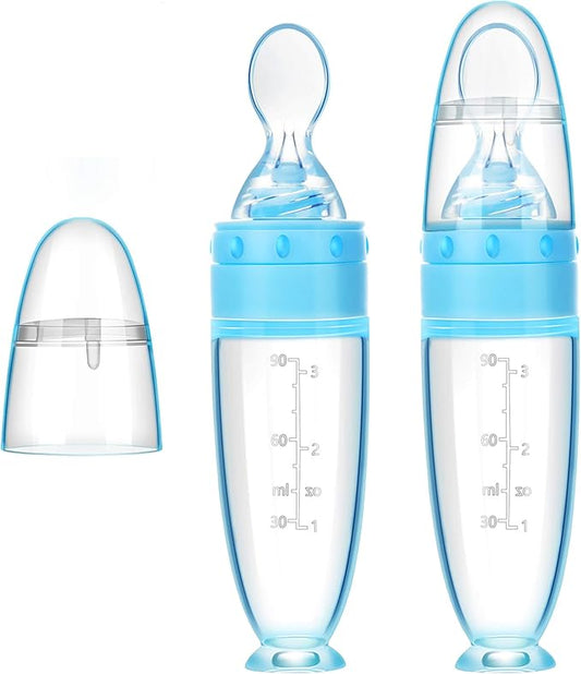 2 Pieces Silicone Baby Spoons Baby Feeding Spoon with Standing Base for Infant 0-24 Months Dispensing and Feeding (Blue)